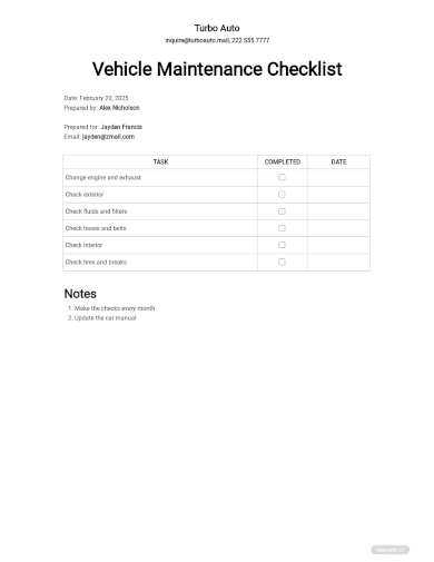 vehicle maintenance checklist template