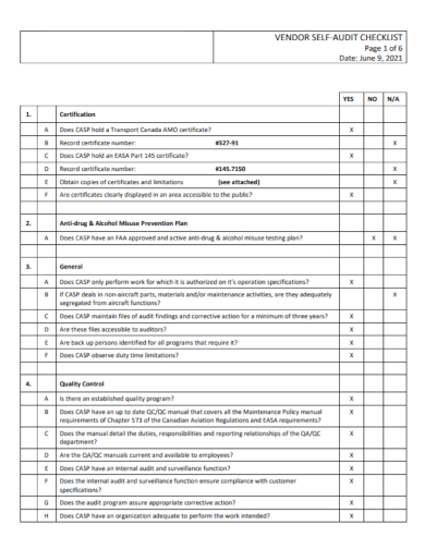 vendor self audit checklist