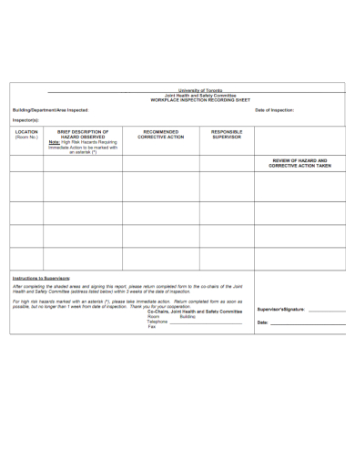 workplace inspection record sheet