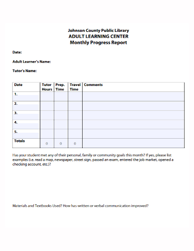 adult learning monthly progress report