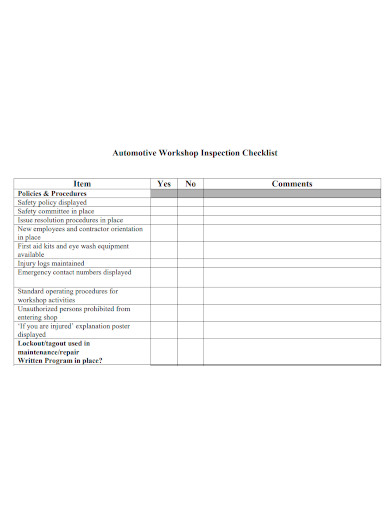automotive workshop inspection checklist