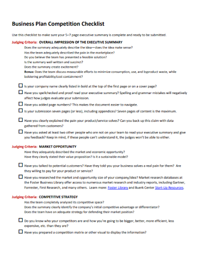 business plan competition checklist