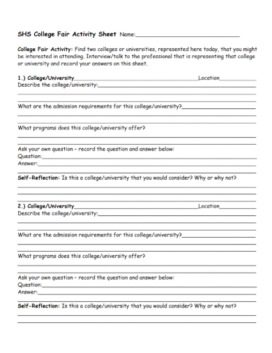 college fair activity sheet