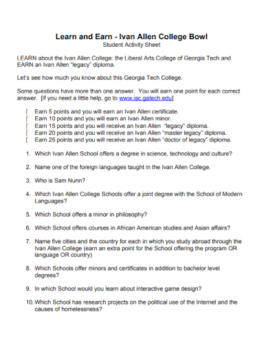 college student learn and earn activity sheet