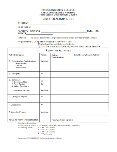 community college semester activity sheet