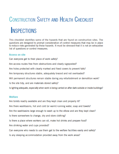 construction health and safety inspection checklist