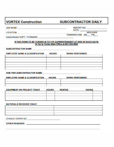 construction subcontractor daily report
