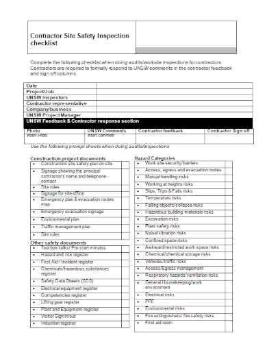 contarctor site safety inspection checklist