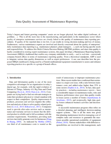 data quality assessment maintenance report