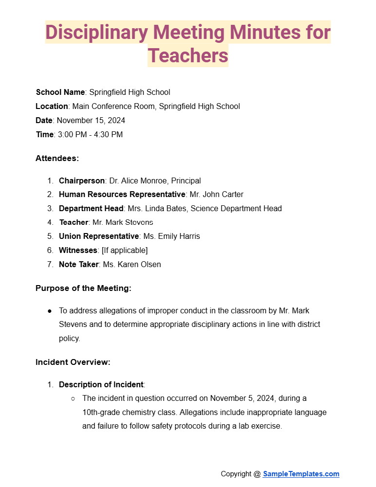 disciplinary meeting minutes for teachers