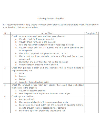 equipment daily checklist sample