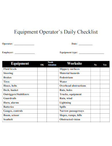 equipment operator’s daily checklist