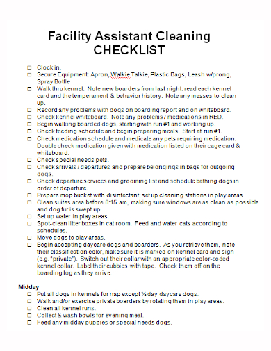 facility assistant cleaning checklist