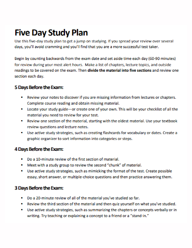 five day exam study plan