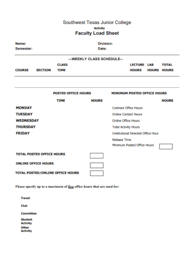 junior college activity load sheet