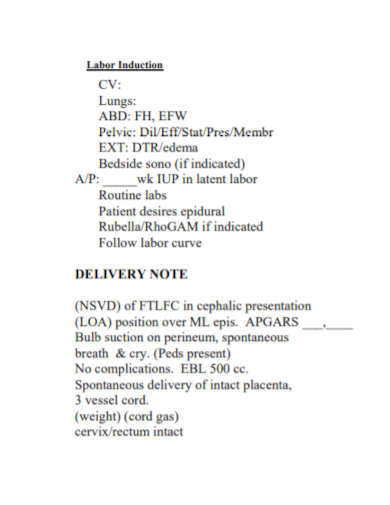 labor induction delivery note
