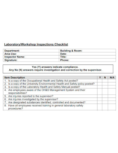 laboratory or workshop inspection checklist