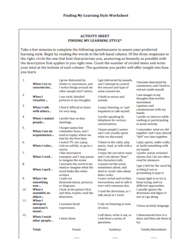 learning style activity sheet