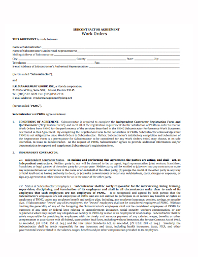 management subcontractor work order agreement