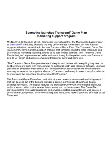 marketing support program game plan