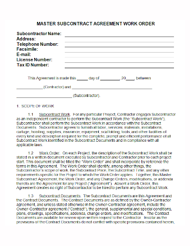 master subcontractor work order agreement