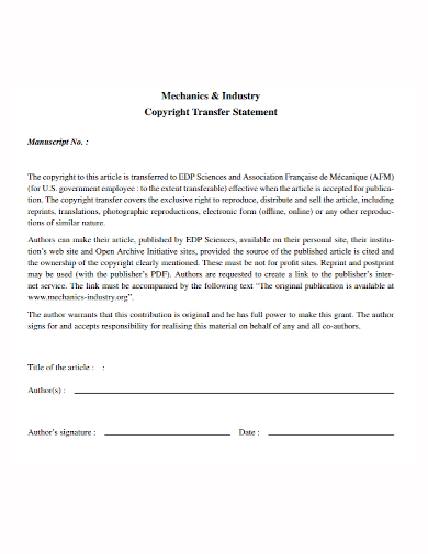 mechanics industry copyright transfer statement