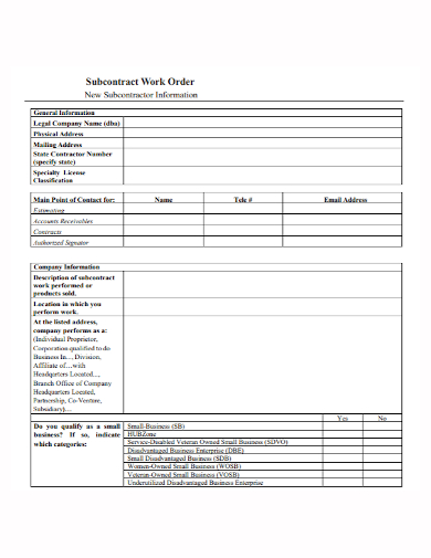 new subcontractor work order