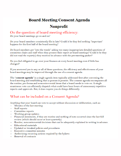 nonprofit board meeting consent agenda