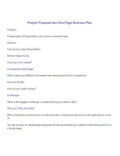 one page business plan project proposal