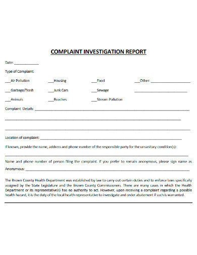 printable complaint investigation report