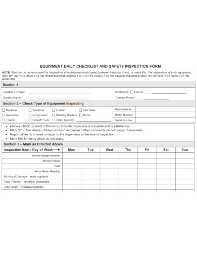 printable equipment daily checklist