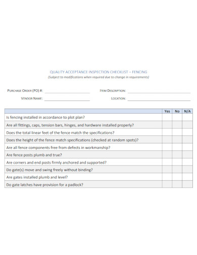 quality acceptance inspection checklist