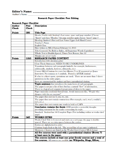 research paper peer editing checklist