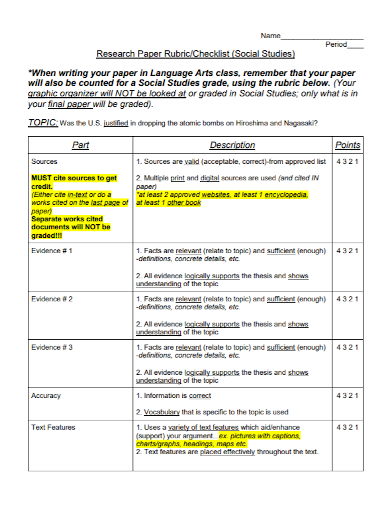 research paper rubric checklist
