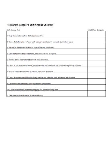 restaurant manager shift change checklist