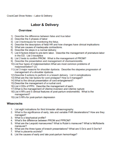 sample labor and delivery note