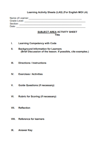 sample learning activity sheet