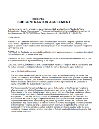 sample residential subcontractor agreement