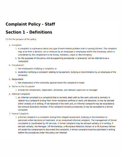 sample staff complaint policy
