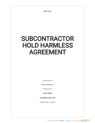 sample subcontractor hold harmless agreement