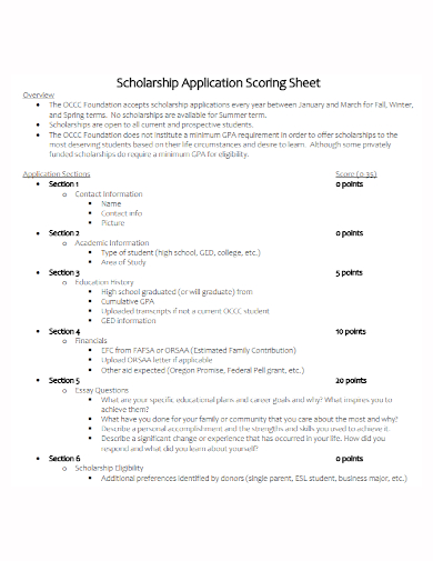 scholarship application scoring sheet