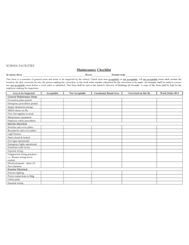 school facilities maintenance checklist