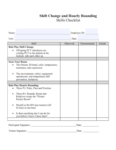 shift change hourly skills checklist