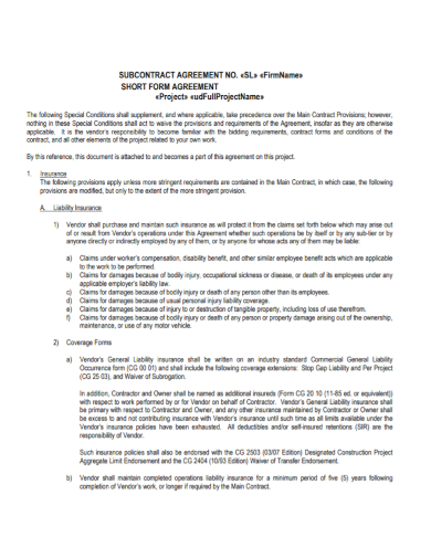 short form company subcontractor agreement