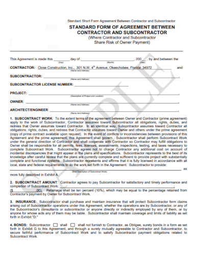 short form contractor and subcontractor agreement