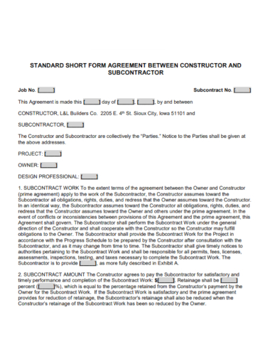 short form subcontractor agreement