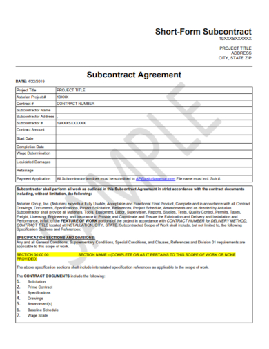 short form subcontractor project agreement