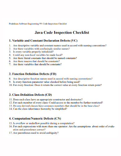 software engineering code inspection checklist