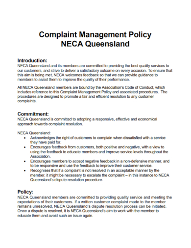 standard complaint management policy