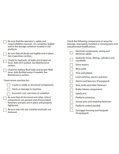 standard equipment daily checklist